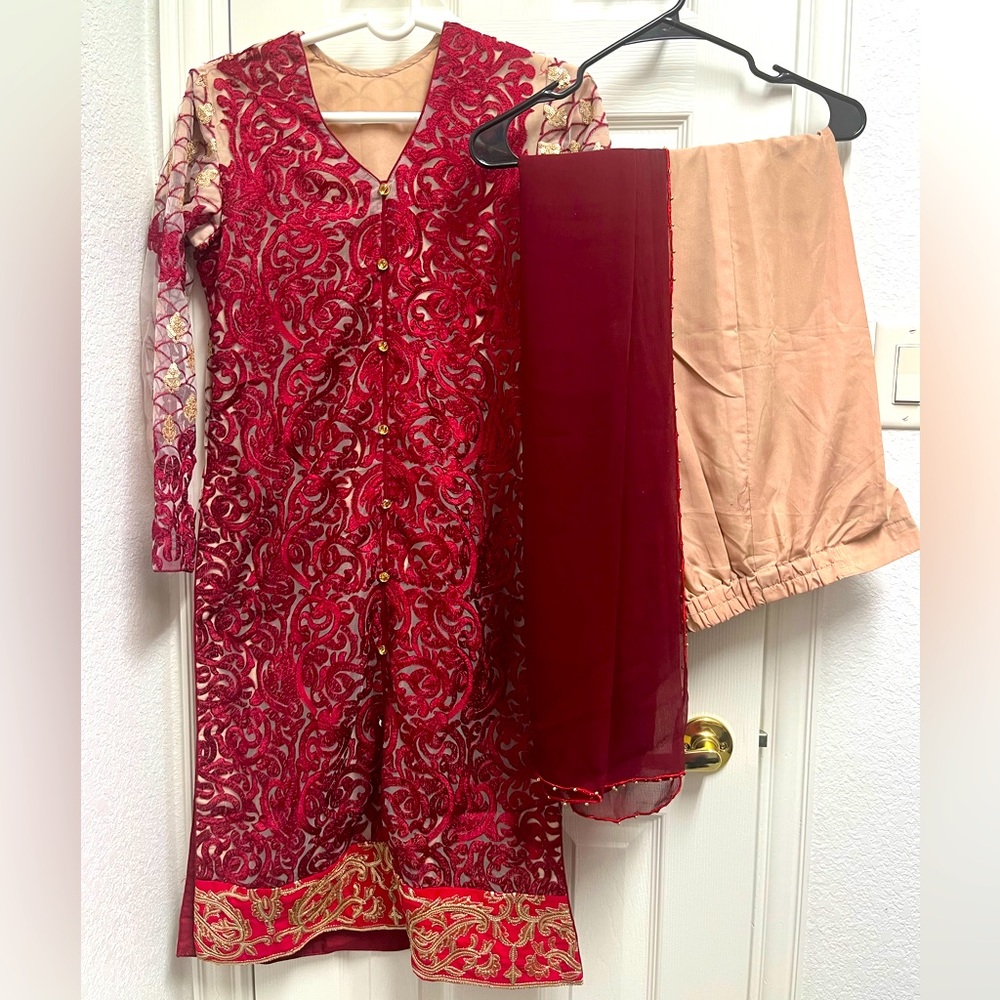 3 piece red and cream kameez with kapri and dupatta